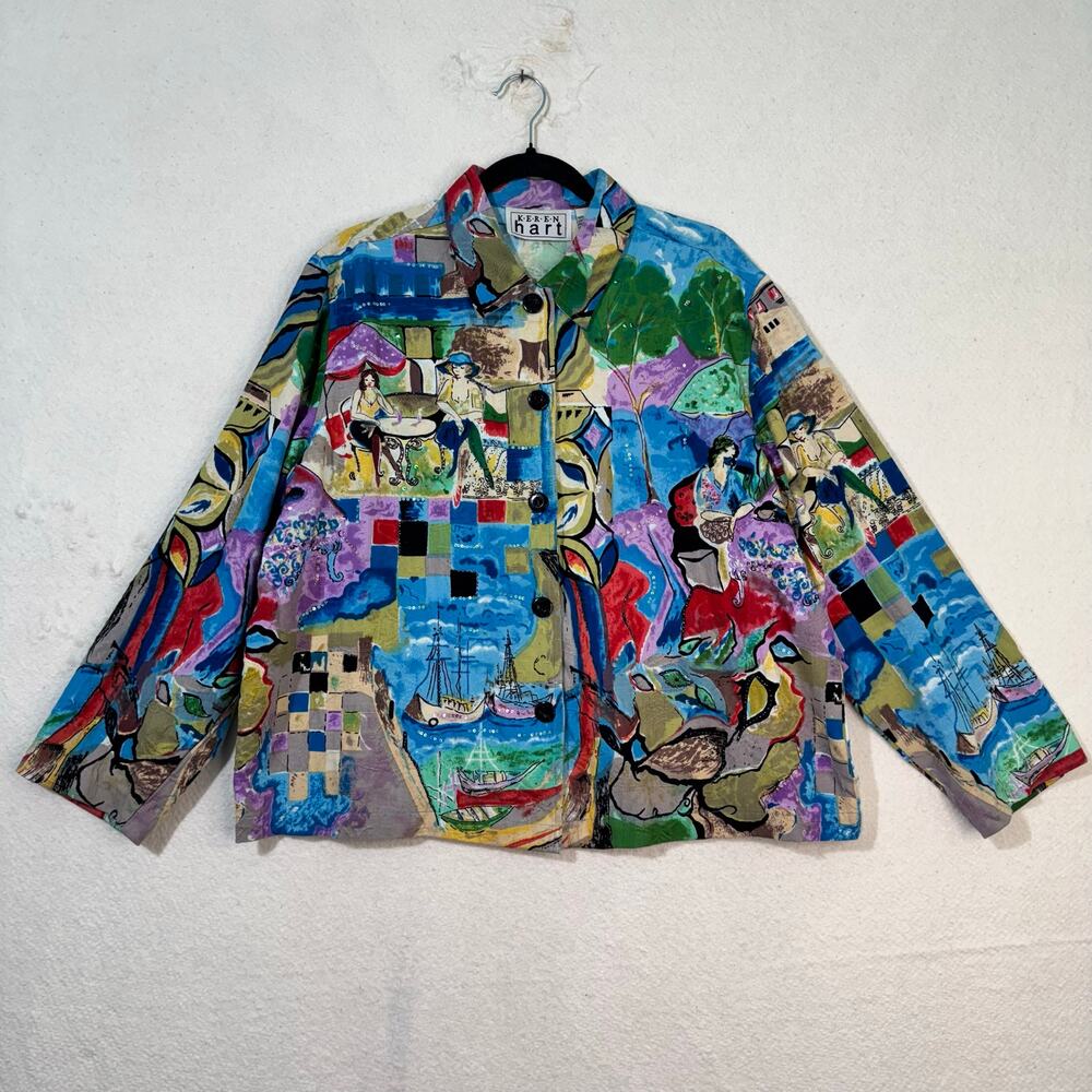 Keren Hart Jacket Vibrant Colorful Scenic Picasso Cafe Art Cotton Blazer Size XL